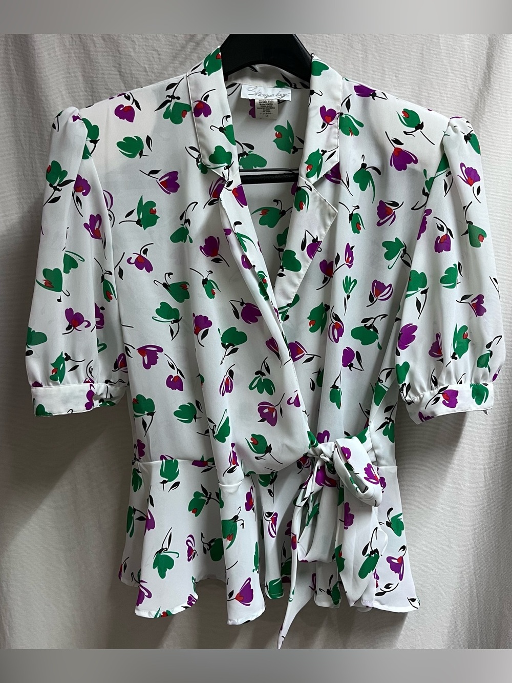 Vintage 80s Shapely Peplum Blouse Puff Sleeve SZ 10 Floral Wrap Tie Padded